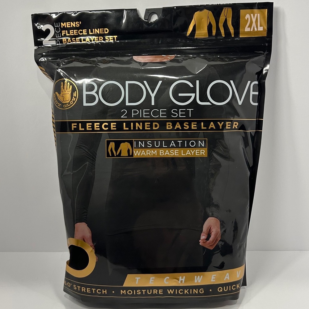 Body Glove Mens 2 Piece Fleece Lined Base Layer Set Black 2XL Techweave Thermal